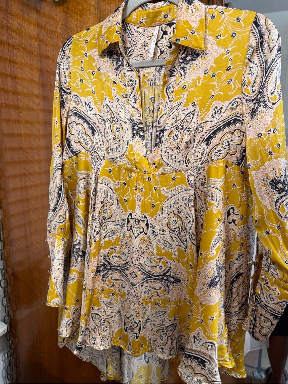 Free People XS Mustard Paisley Boho High Low Tunic Blouse Long Sleeve